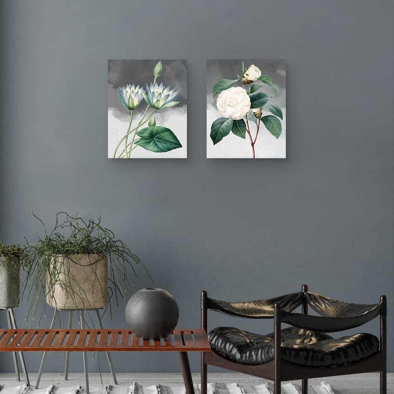 Blue Lotus & White Common Camellia Grey Canvas Art Prints
