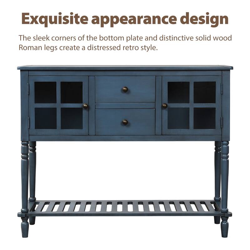 Distressed Wood Buffet Cabinet with Roman Legs and Brass Knobs for Entryway and Kitchen Storage