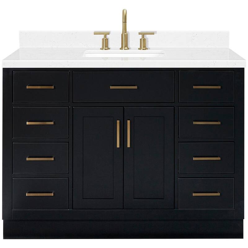 Ariel T048SCQRVO Hepburn 48" Free Standing Single Basin Vanity Set - Black / Carrara White Quartz / Satin Brass