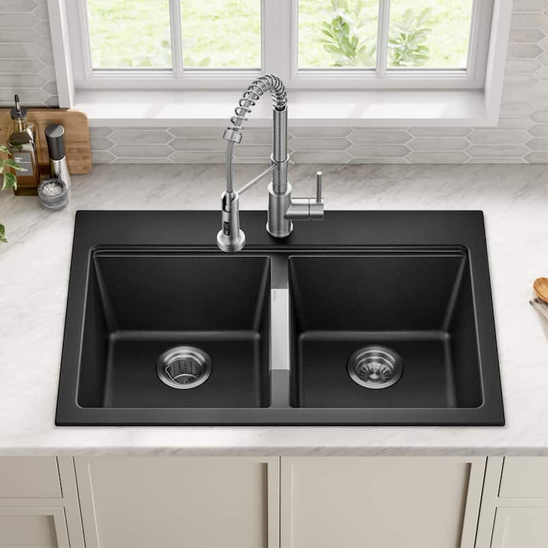KRAUS Granite 33 inch 2-Bowl Undermount Drop-in Kitchen Sink