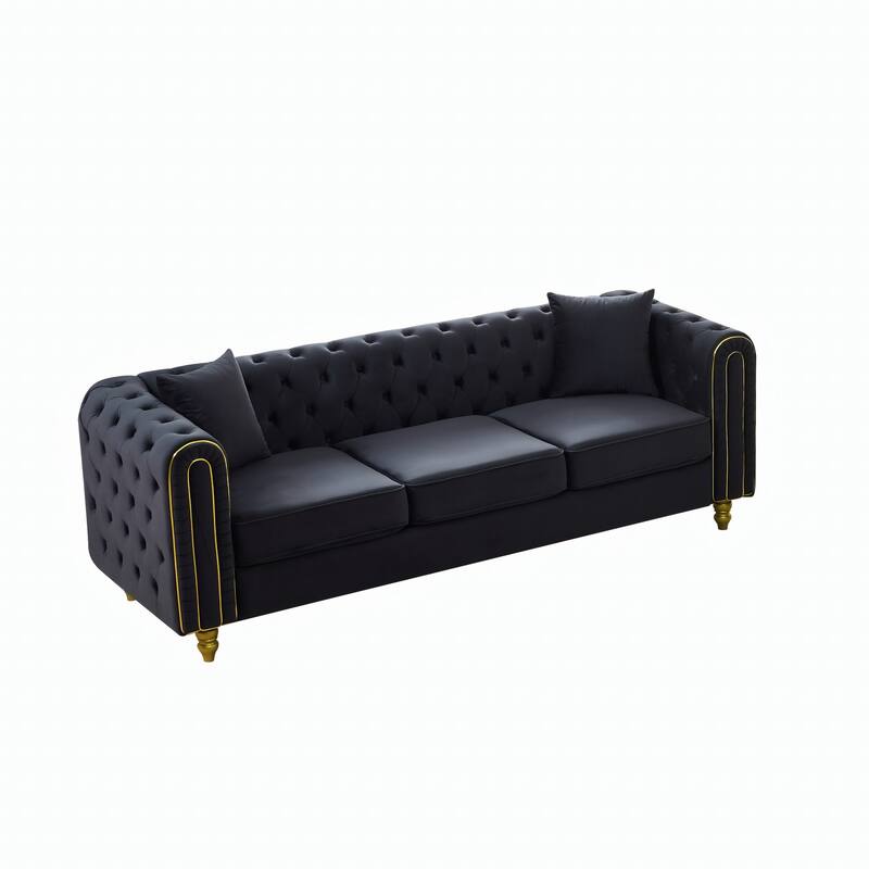Roomfitters 86" Modern Upholstered Chesterfield Tuxedo Sofa with Gold Trim, Button Back 3-Seater Couch for Living Room