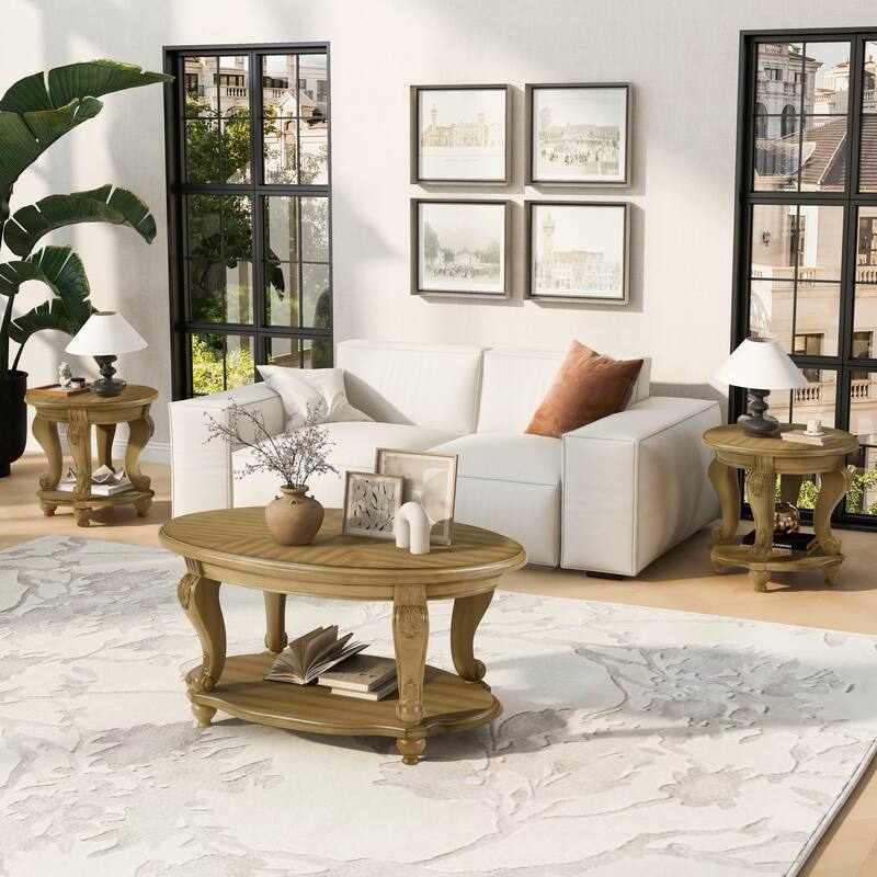 3-Piece Coffee Table Set with 2 End Side Tables - Antique Natural