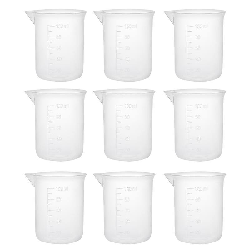 9pcs Measuring Cup Labs Clear PP Plastic Graduated Beakers 100ml - Transparent