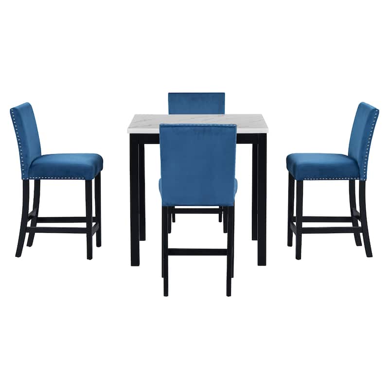 GDFStudio - Vornell Modern 5-Piece Counter Height Dining Table Set with Faux Marble Top & 4 Velvet Upholstered Chairs