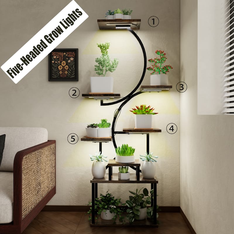 8-Tier Rustic Brown Plant Stand with Grow Lights Indoor Shelf Rack for Living Room Decor - 28.30”L x 10.20”W x 62”H