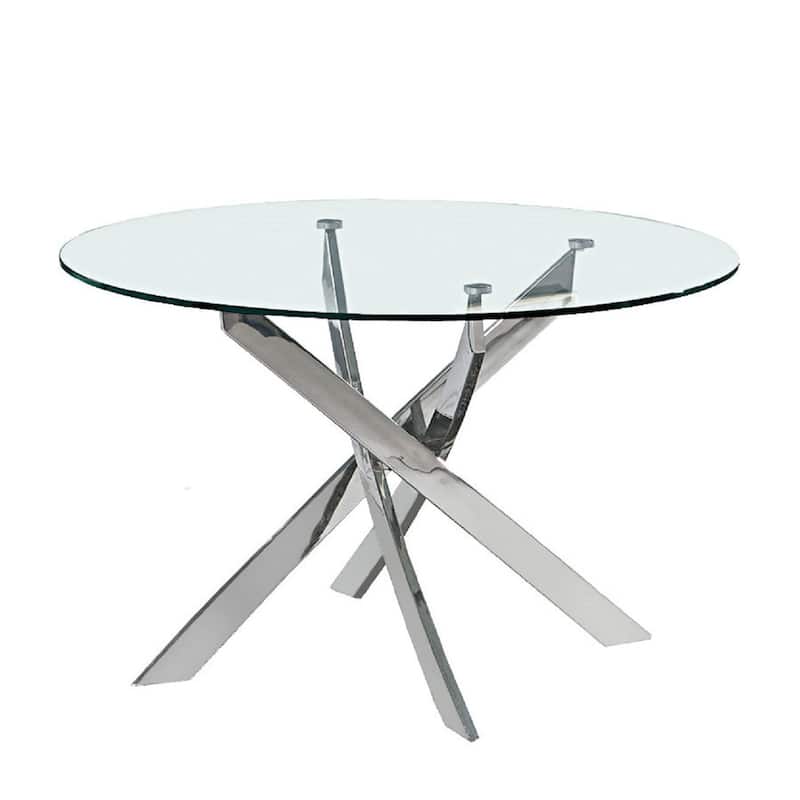 HomeRoots 54" Clear and Silver Glass and Metal Cross Leg Base Round Top Dining Table - 54.00 in. x 30.00 in. x 54.00 in.