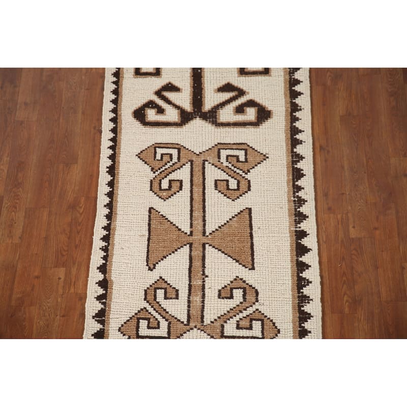 Natural Dye Ivory Anatolian Turkish Runner Rug Handmade Wool Carpet - 2'7"x 11'9"
