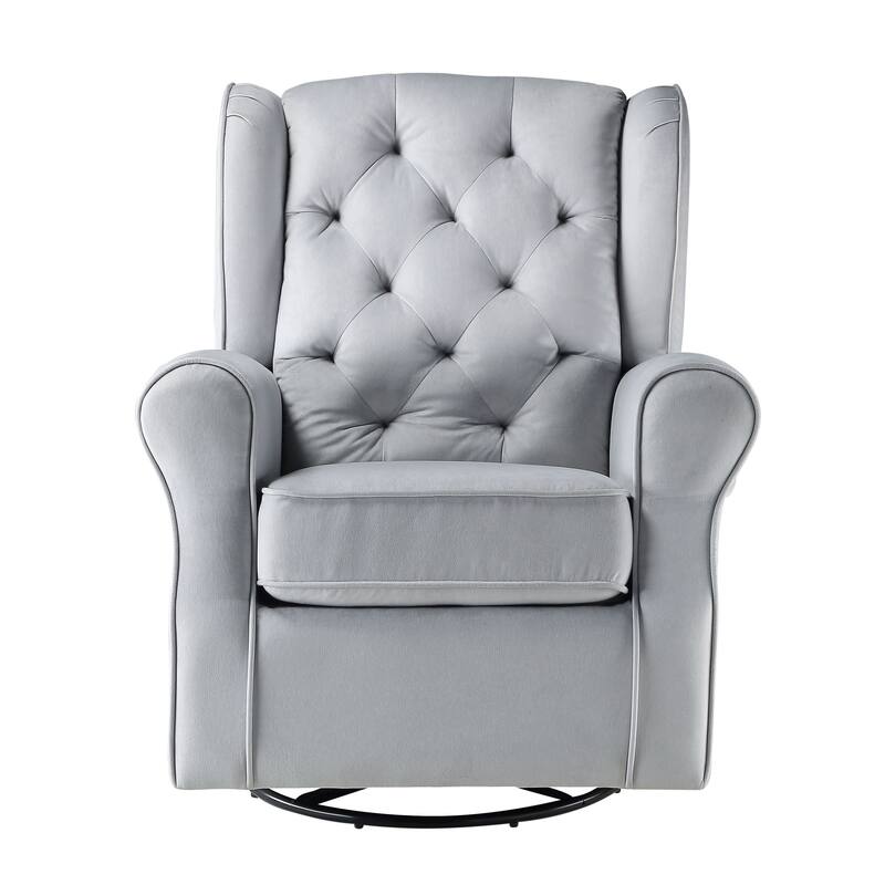 Grey Glider Swivel Chair: Transitional Design, Tufted Back, Stable Metal Base