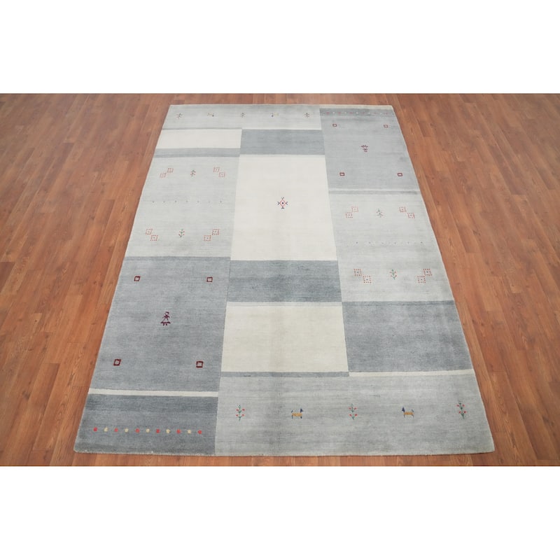 Hand Knotted Oriental 100% Wool Carpet Tribal Geometric Greys & Charcoal Gabbeh Area Rug - 7' 7'' X 5' 4''
