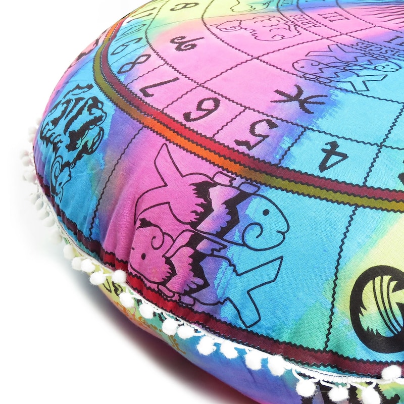 HomeRoots 32" X 32" Blue And Pink Round Horoscope Fabric Floor Throw Pillow Cover with Pompoms