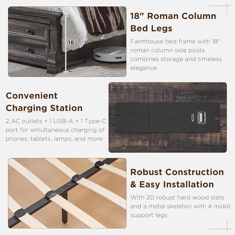 Farmhouse King Size Bed Frame with 54" Tall Storage Bookcase Headboard