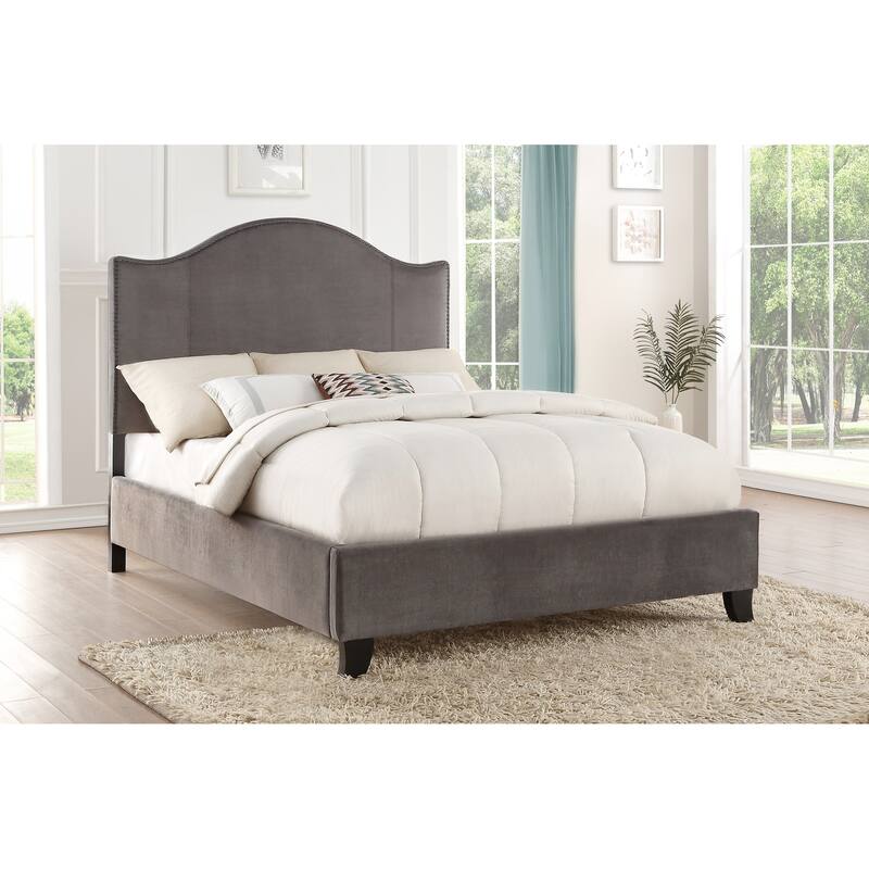 Queen Size Velvet Upholstered Panel Bed with Camelback Headboard and Nailhead Trim