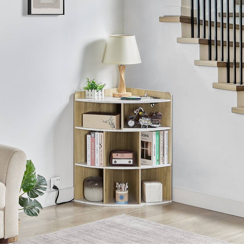 VECELO Corner Cabinet with Charging Station or No Charging Station 3-Tier Bookcase Storage Organizer Triangle Corner Bookcases
