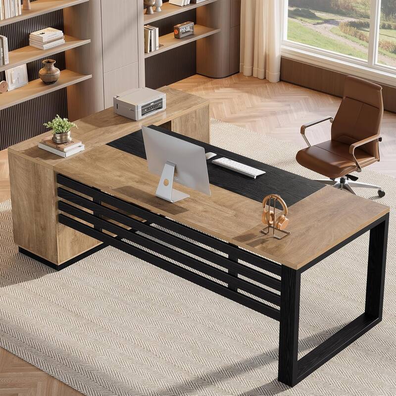 78" L Shaped Modern Wood Executive Office Desk with Storage Cabinet & Shelves