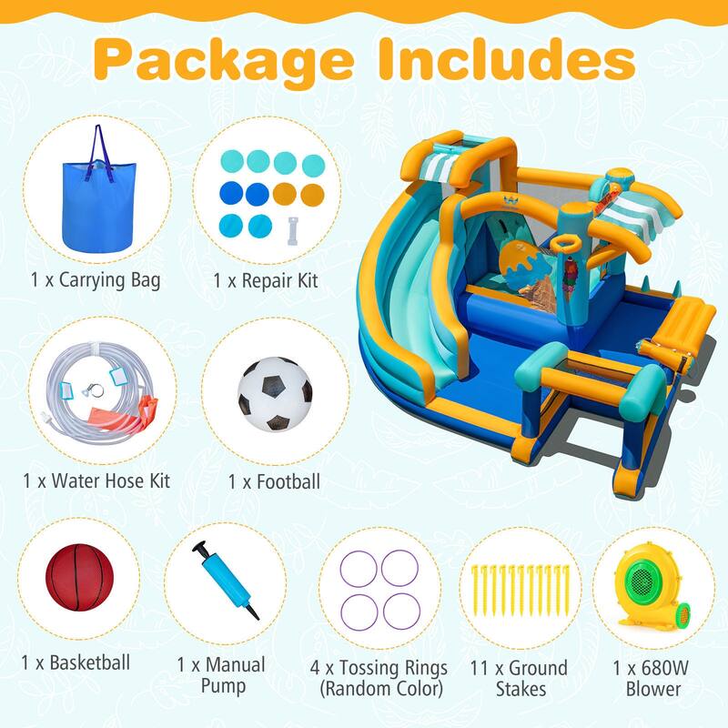 Large Inflatable Bounce House with Ice Cream Shop Water Slide Climbing Wall and Tossing Games for Kids - 149” x 144” x 80”