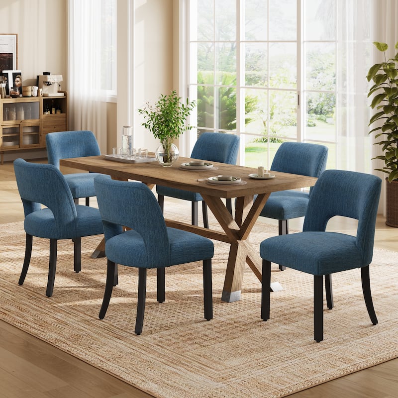 Set of 2/4/6 Modern Fabric Upholstered Dining Room Chair Kitchen Chairs with Wood legs - Set of 6 - Dark Blue