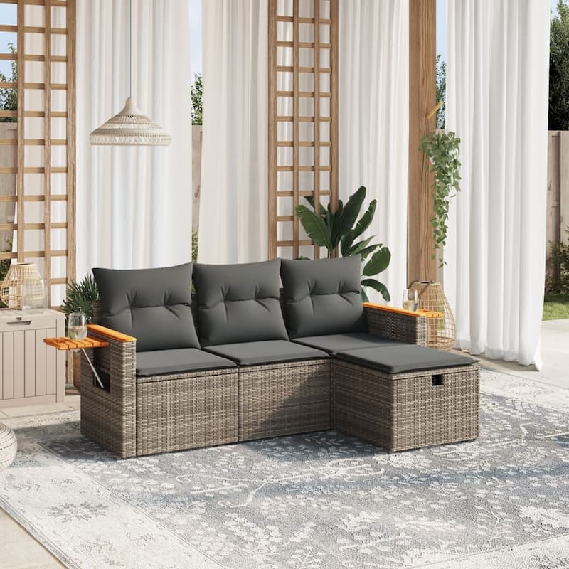 vidaXL Patio Sofa Set with Cushions Outdoor Furniture 4 Piece Poly Rattan - Gray without storage - 24.4 x 24.2 x 27.2 in