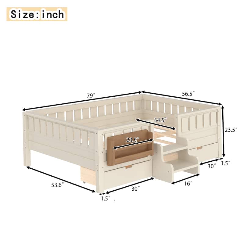 Multiple Colors Toddler Montessori Bed Children's Platform Bed with Low Profile Stairs, Built-in Bookshelf and Storage Drawers