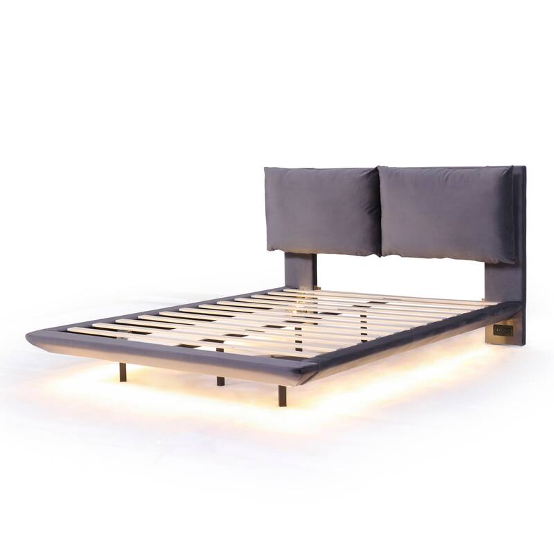 Upholstered Platform Bed w/ Sensor Light & Backrests, 2 Sets of Socket