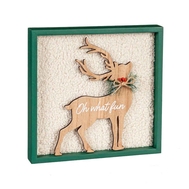 12" x 12" Wooden Reindeer on Polyester Wall Decor, "Oh What Fun"