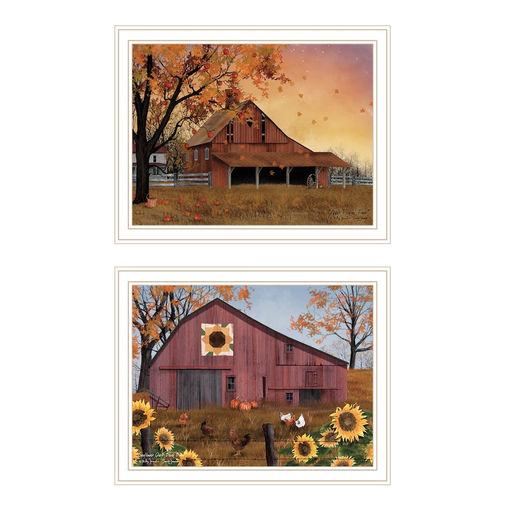 2-Piece Framed Wall Art Set - Apple Picking & Sunflower Quilt Barn, White Frame