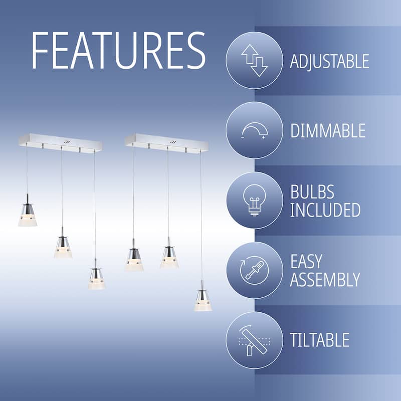 Nube 19.5" 3-Light Adjustable Cascading Metal Integrated Linear LED Pendant, Chrome by JONATHAN Y