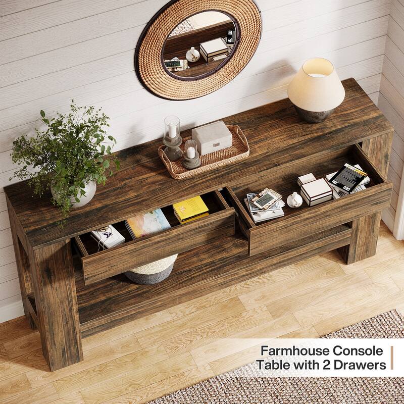 2-Tier Wooden Console Table with 2 Drawers for Entrance - /