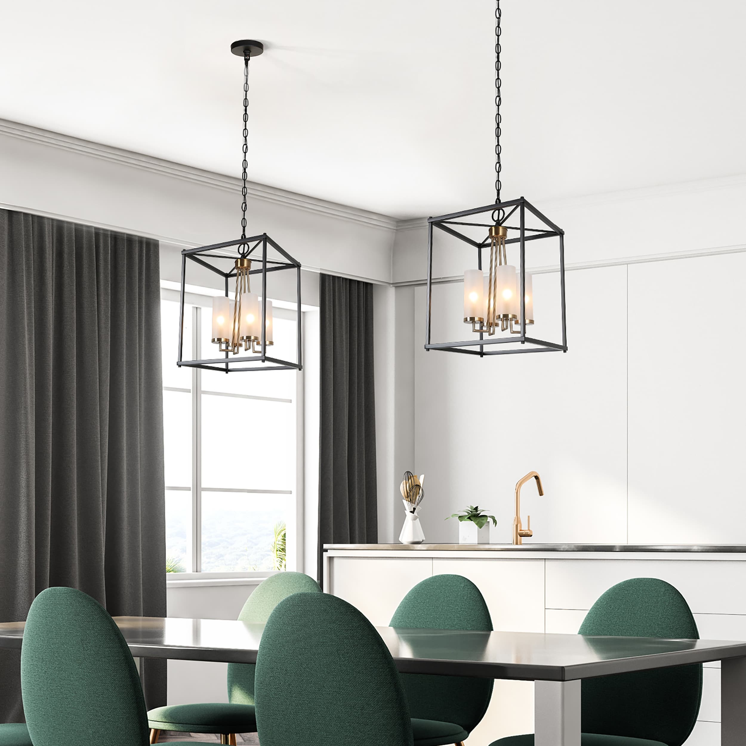 Modern Farmhouse Black Gold Geometric 4 Light Candle Pendants Chandelier for Kitchen Island D12 x H18.5