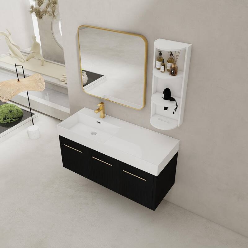 Wall mounted bathroom vanity with sink and storage shelf