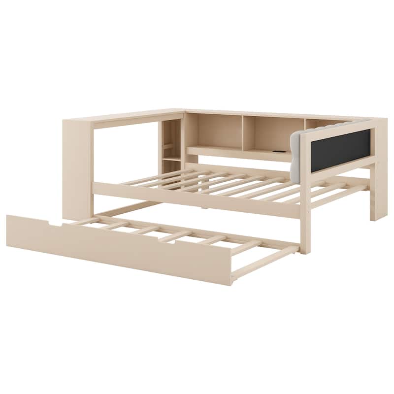 Upholstered Sofa Bed, Wood Daybed, L-shaped Bed Frame with Desk, Shelves, Charging Station, and Optional with Trundle or Drawers