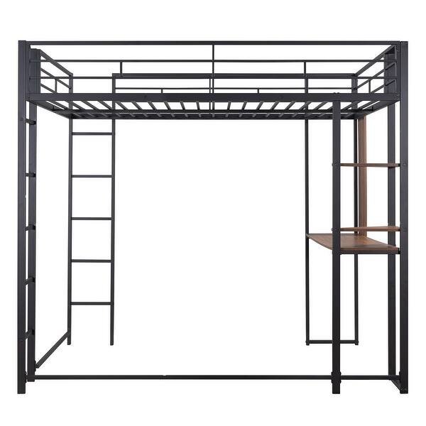 slide 2 of 9, Black Full Metal Loft Bed with 1 Desk and 2 Shelves, 79.5''L*57''W*71.6''H, 108LBS Black