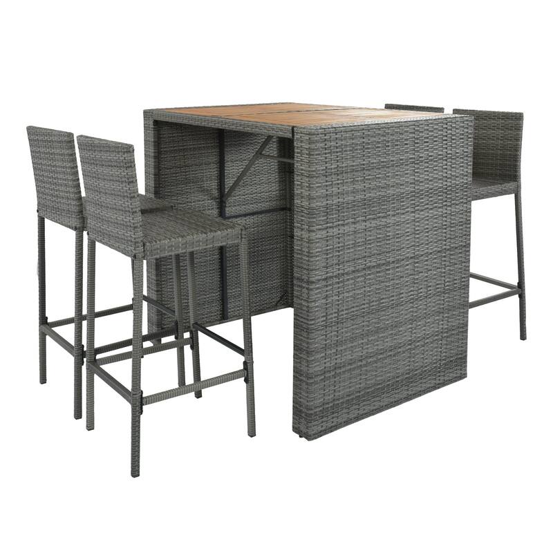 5-Piece Brown Wood & Gray Wicker Bar-Height Patio Set