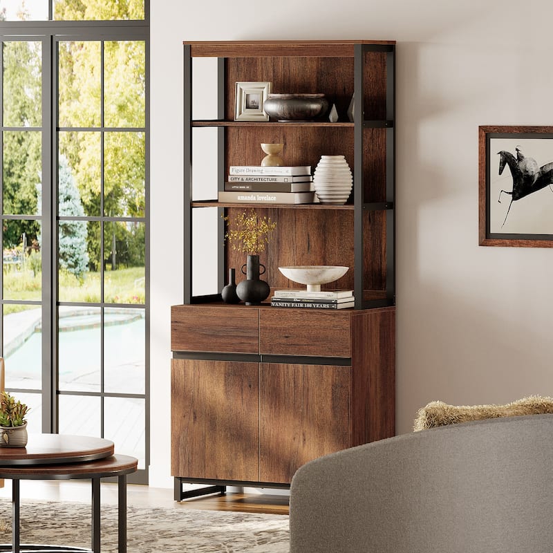 WAMPAT Modern 72" Tall Bookcase with Metal Base and Adjustable Shelves, Library Book Shelf with Storage Cabinet