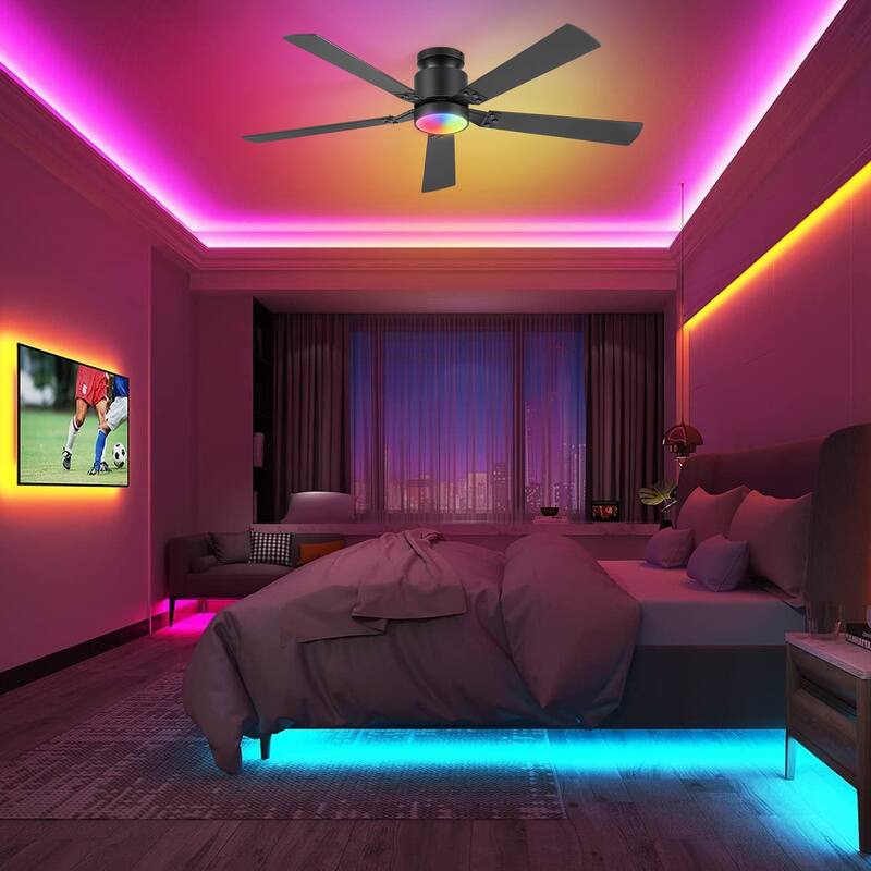 52-Inch Matte Black Ceiling Fan with RGB LED Light and Remote((5 Reversible Blades)