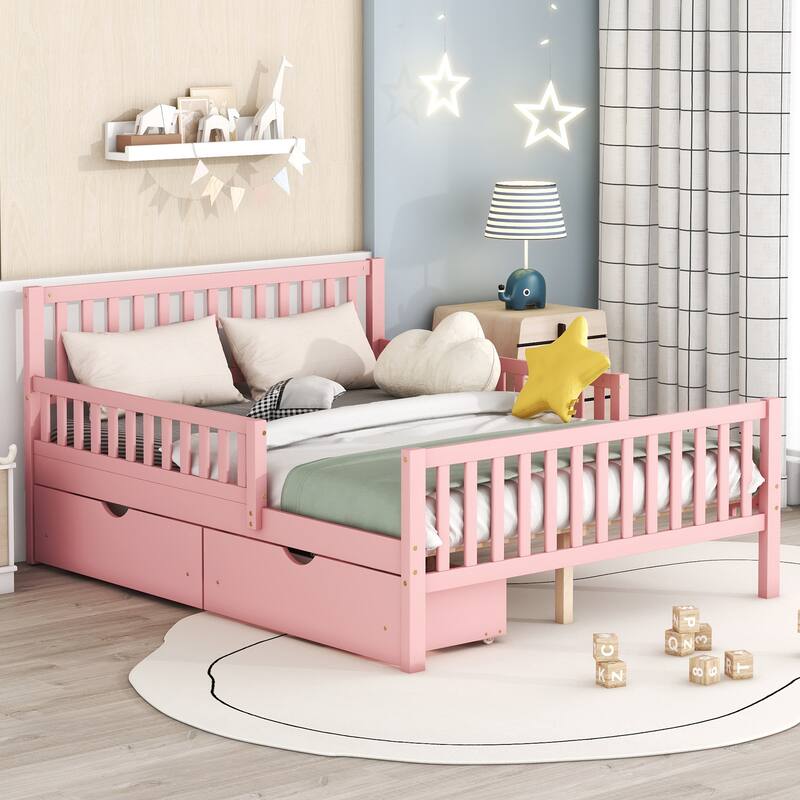 Wood Twin/Full Size Wood Platform Bed with Guardrails on Both Sides and Two Storage Drawers - Pink - Full