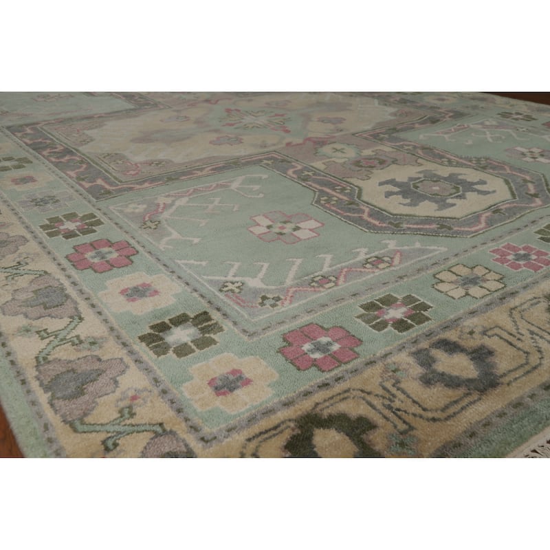 Green Geometric Oushak Indian Area Rug Hand-Knotted Wool Carpet - 7'6" x 10'0" - 7'6" x 10'0" - Green