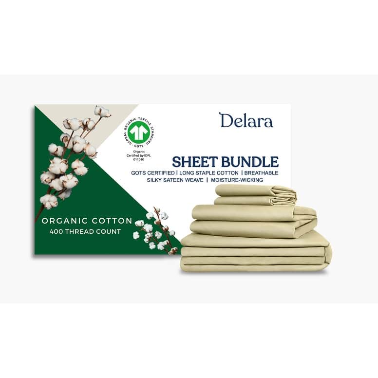 Delara GOTS Certified 100% Organic Cotton Bedding Bundle, Long Staple Cotton, Ultra Soft, Moisture-Wicking, Smooth & Breathable