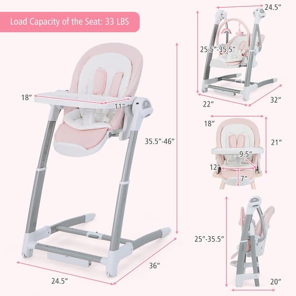 dimension image slide 1 of 3, Babyjoy 3-in-1 Baby Swing & High Chair with 8 Adjustable Heights &