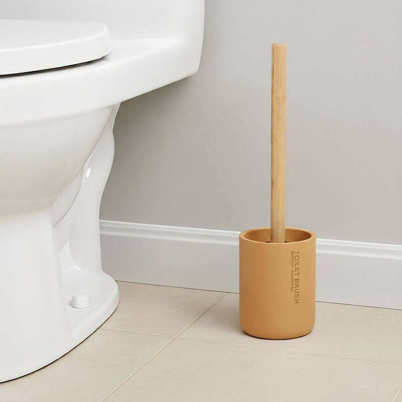 Chic Matte Toilet Brush Holder Set with Natural Bamboo Handle - 4 L x 4 W x 14.8 H - Mustard Yellow