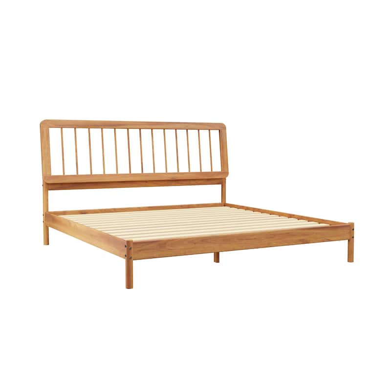 Solid Wood King Size Spindle Bed with Slat-Back Design - Caramel