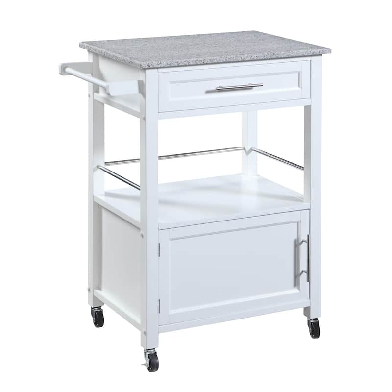 Kitchen Island Cart with Granite Top, Towel Bar & Locking Wheels - Rustic Ranch Storage Island - White MDF & Metal
