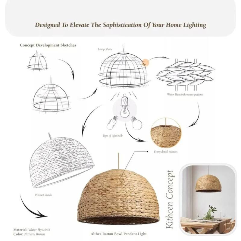 Althea Rattan Pendant Light - Natural Large Dome 1-Light Handwoven Hanging Light For Modern, Transitional, Farmhouse Room Decor
