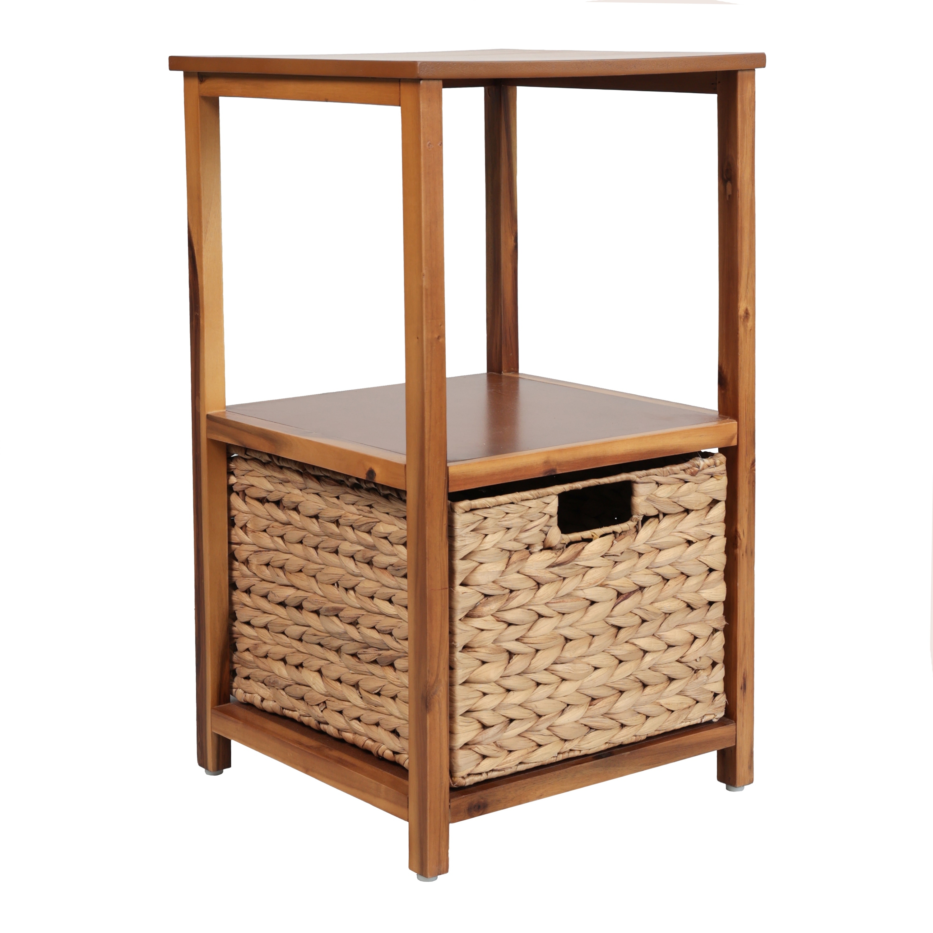 happimess Cohen 24 in. H Coastal Bohemian Handcrafted Acacia Wood 2-Tier Storage Cabinet with 1 Water Hyacinth Woven Basket