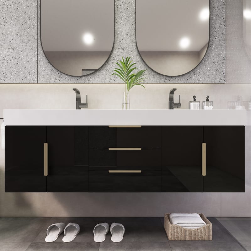 Noble 60" Wall Mounting Vanity with Reinforced Acrylic Double Sink - 60" Width - Glossy - High Gloss Black