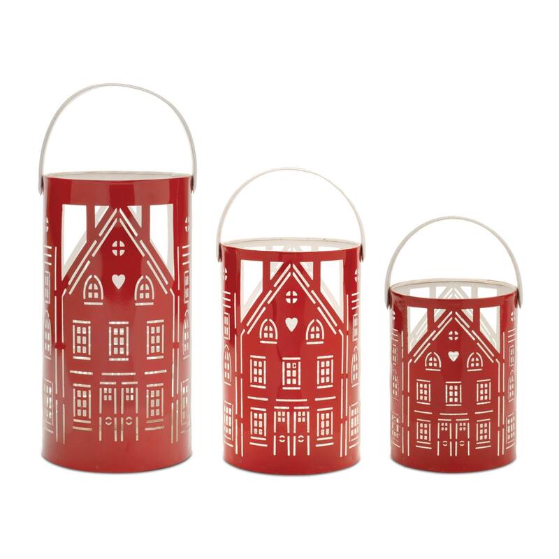 Punched Metal House Candle Lanterns - 12.5" - Red and White - Set of 3