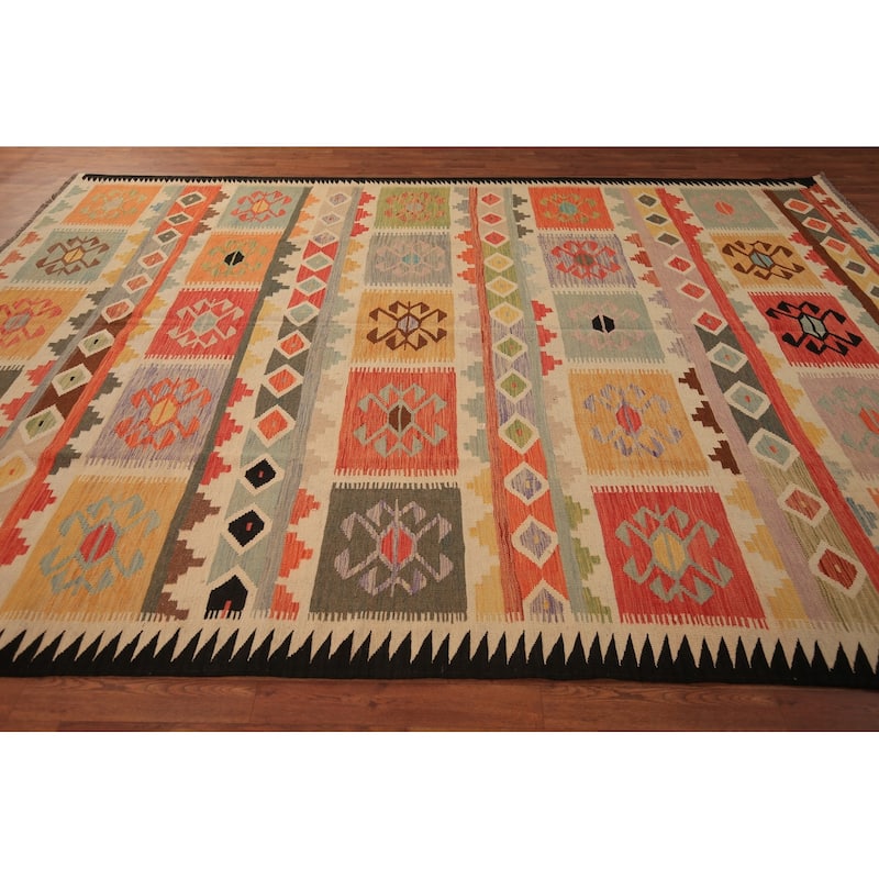 Reversible Geometric Multi-Color Kilim Area Rug Hand-Woven Wool Carpet - 7'11" x 11'2"