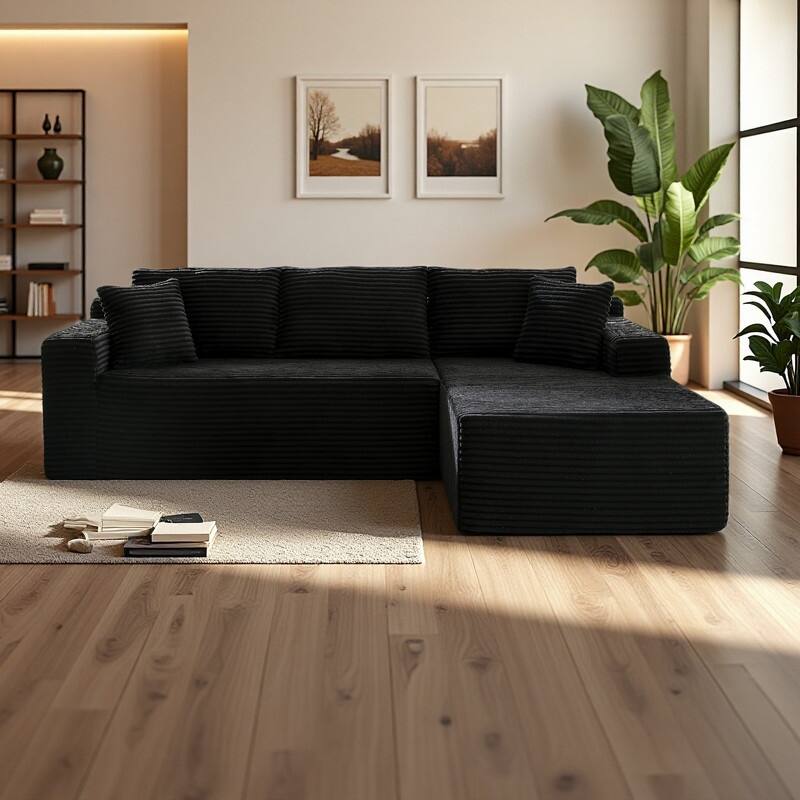 103.2" Corduroy L-Shaped Cloud Sectional Sofa with No Assembly Required, Deep-Seat Modular Sleeper - Black