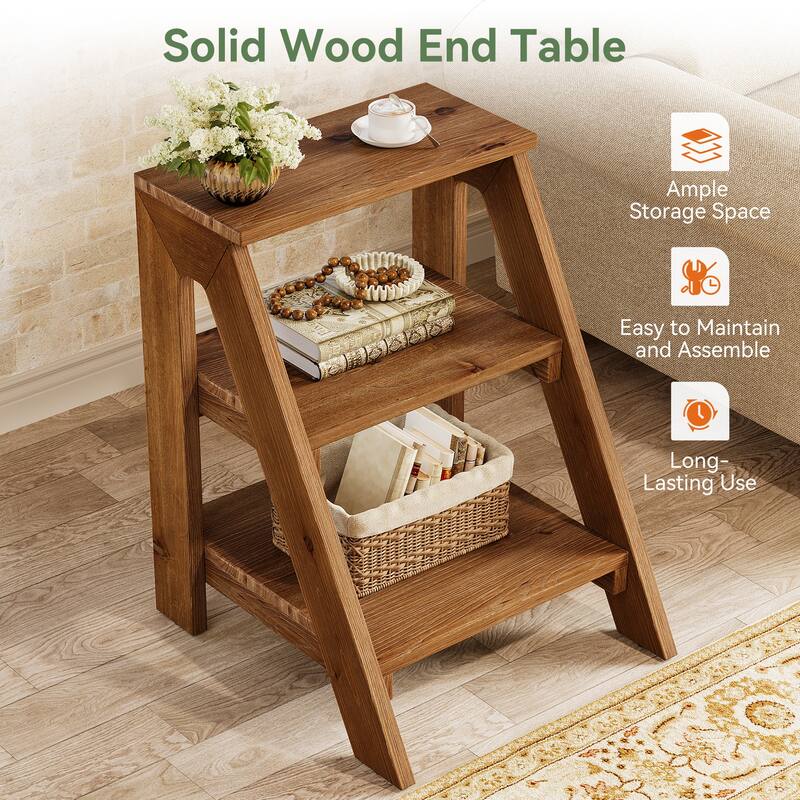3 Tier Solid Wood End Table for Living Room / Bedroom
