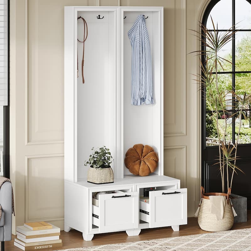 Freestanding Hall Tree with Storage Bench & Hooks, Set of 2 Entryway Coat Rack with Storage Drawers & Anti-Tip Kit