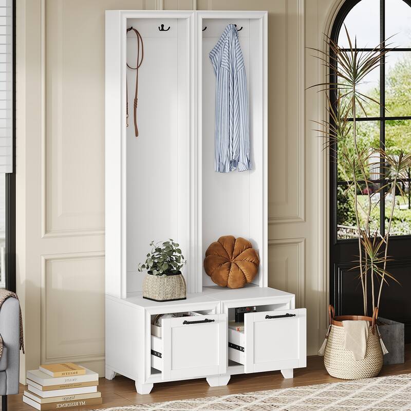 Roomfitters Elegant Hall Tree Set of 2, 3-in-1 Free Standing Entryway Coat Rack with Seating Bench and Hidden Storage - White